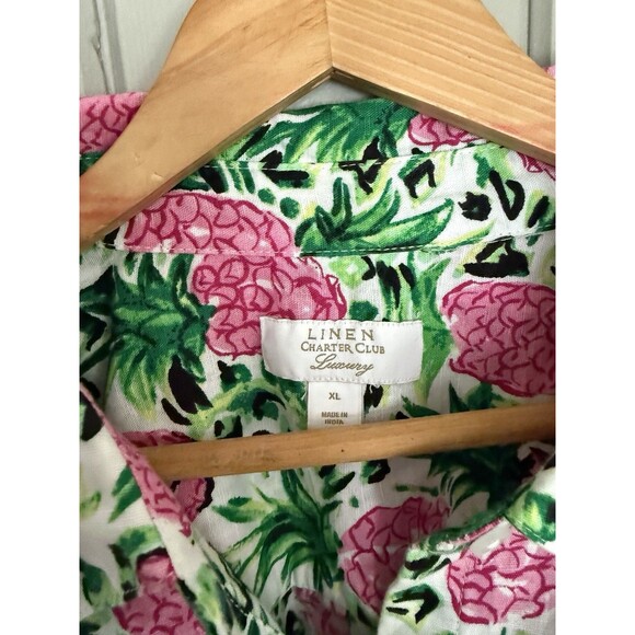 Charter Club Luxury Linen Button Front Shirt XL Pineapple Pink Green Print - Picture 4 of 8
